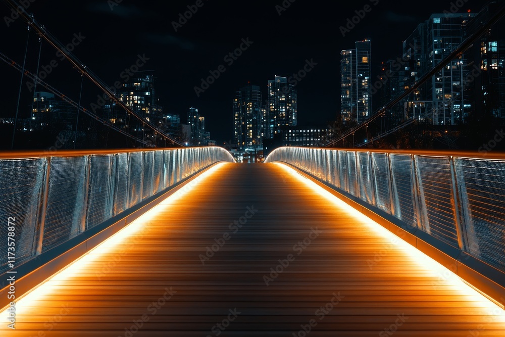 Fototapeta premium A stunning perspective of an illuminated bridge at night, leading toward a vibrant city skyline filled with colorful lights. A serene urban landscape.