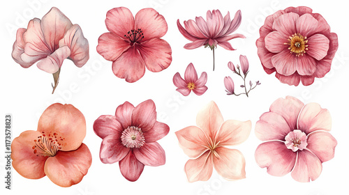 Fototapeta Naklejka Na Ścianę i Meble -  Set of beautiful flower ,watercolor collection of hand drawn flowers , botanical plant illustration transparent background, png ,generative ai. Blossom. Illustration