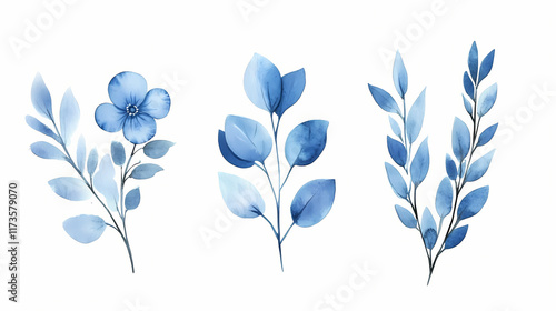 Fototapeta Naklejka Na Ścianę i Meble -  Set of blue watercolor flowers, leaves and twigs on white background. botanical watercolor painting for decorative invitations, posters, or cards. Blossom. Illustration