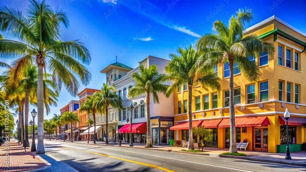 Fototapeta premium Sunny Florida Street Scene: Fort Myers Shopping & Palm Trees