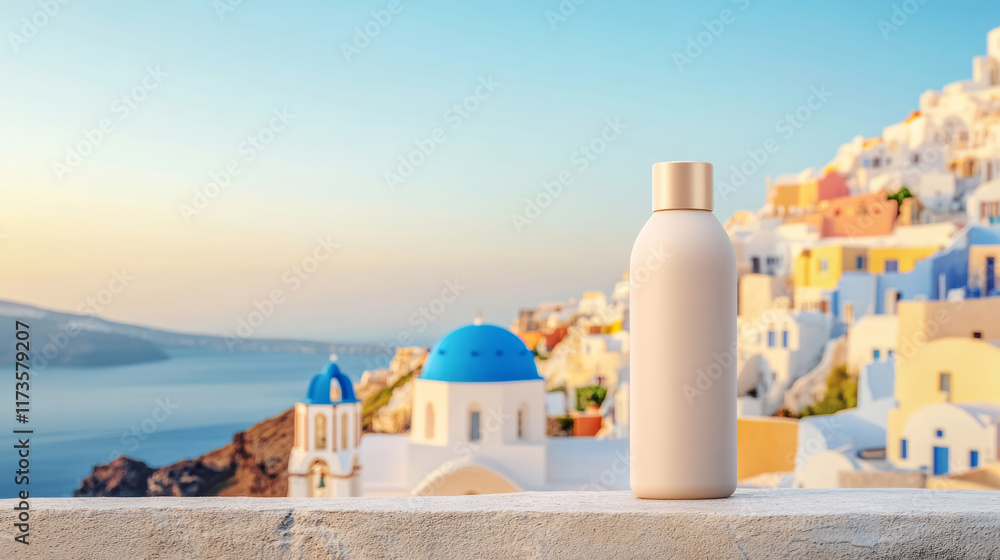 Fototapeta premium A sleek white bottle mockup standing on a stone ledge with the iconic blue-domed churches and whitewashed buildings of Santorini cascading down the cliffs in the background, under golden evening sun