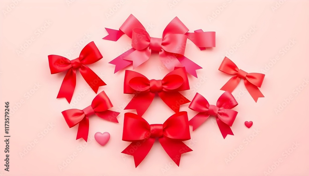 Charming Red Ribbons and Bows on a Pastel Pink Background Charming Red Ribbons and Bows on a Pastel Pink Background