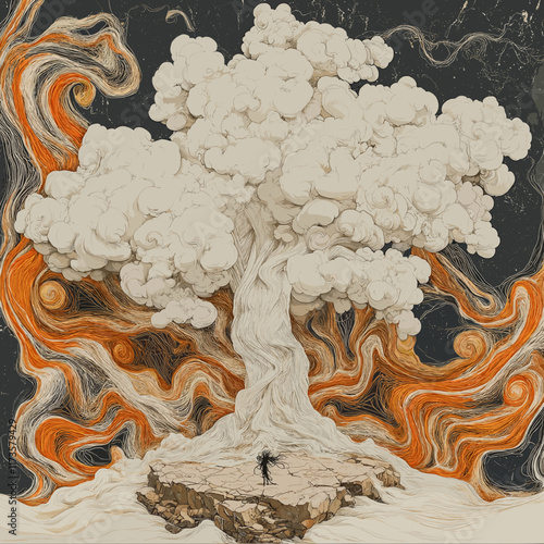 Majestic Fantasy Tree with Surreal Cloud Canopy and Fiery Swirls in Mystical Landscape Art Featuring Tiny Figure on Rocky Platform Beneath Celestial Sky
