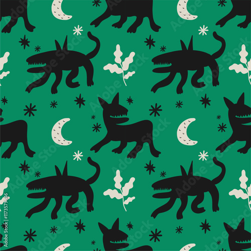 Seamless pattern with various strange creatures, imaginary monsters. Fictional, fantastic animals. Hand-drawn illustration, suitable for printing.