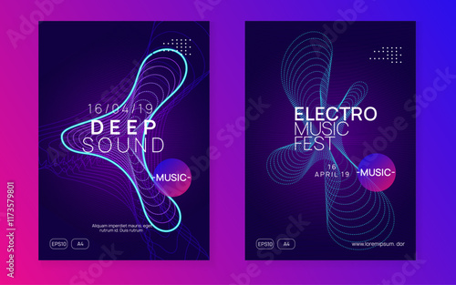 Fest Magazine. Electro Vector. Sound Trance Template. Music Background. Electronic Audio Illustration. Blue Party Design. Green Dance Flyer. Violet Fest Magazine
