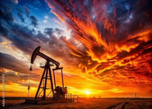 Sunset Silhouette of Oil Pump Jack Working in Field