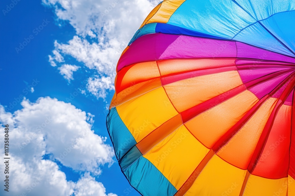 Fototapeta premium Colorful parachute against blue sky and white clouds.