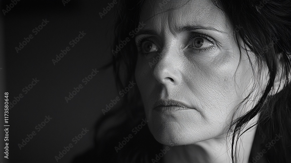 Pensive mature woman portrait, black and white. Pensive mature woman portrait, black and white.
