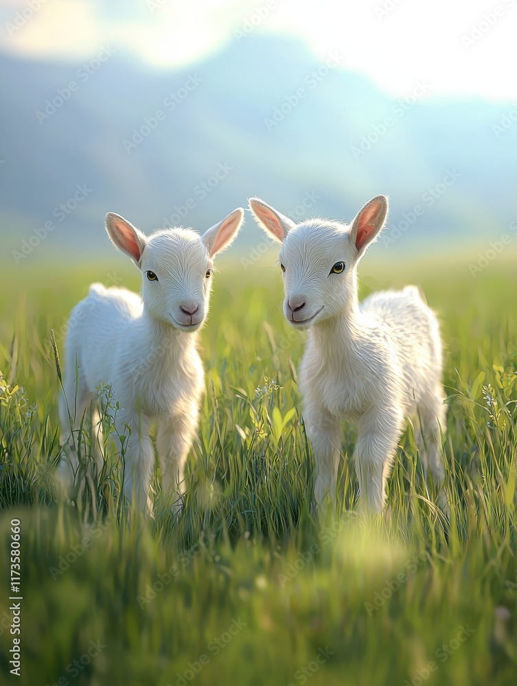 Twin baby goats play in a lush green field with soft sunlight illuminating the vibrant landscape during a peaceful day in the countryside. Generative AI Twin baby goats play in a lush green field with soft sunlight illuminating the vibrant landscape during a peaceful day in the countryside. Generative AI