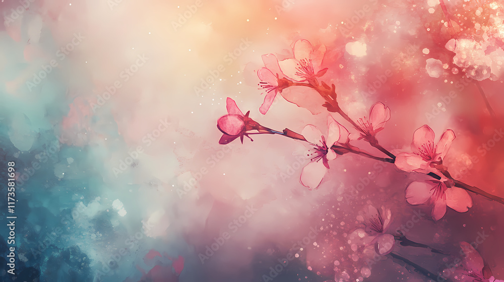 Fototapeta premium Watercolor illustration of cherry blossoms, a branch with pink flowers, illustration with flower petal. Blossom. Illustration
