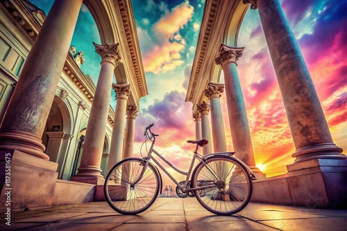 Surreal Bicycle Leaning Against Dreamlike Portico photo