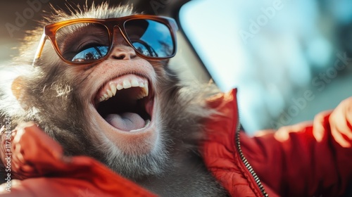 An exhilarated monkey appears to be driving energetically, laughing with glee, dressed in sunglasses and a lively orange jacket, bursting with playful excitement.