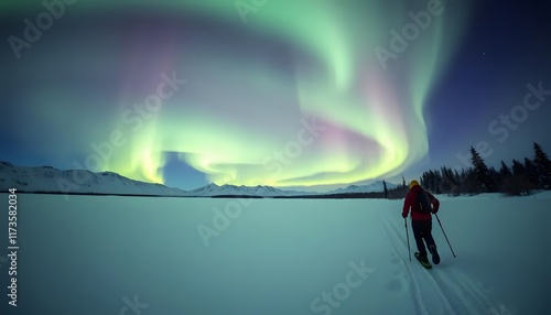 A lone adventurer snowshoeing through a snowy wilderness at night, with the Northern Lights illuminating the sky and creating a mystical glow on the snow-covered ground