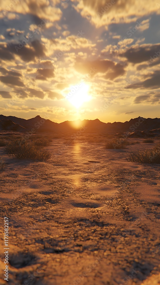 Fototapeta premium A serene sunset over a desert landscape, highlighting natural beauty and tranquility.