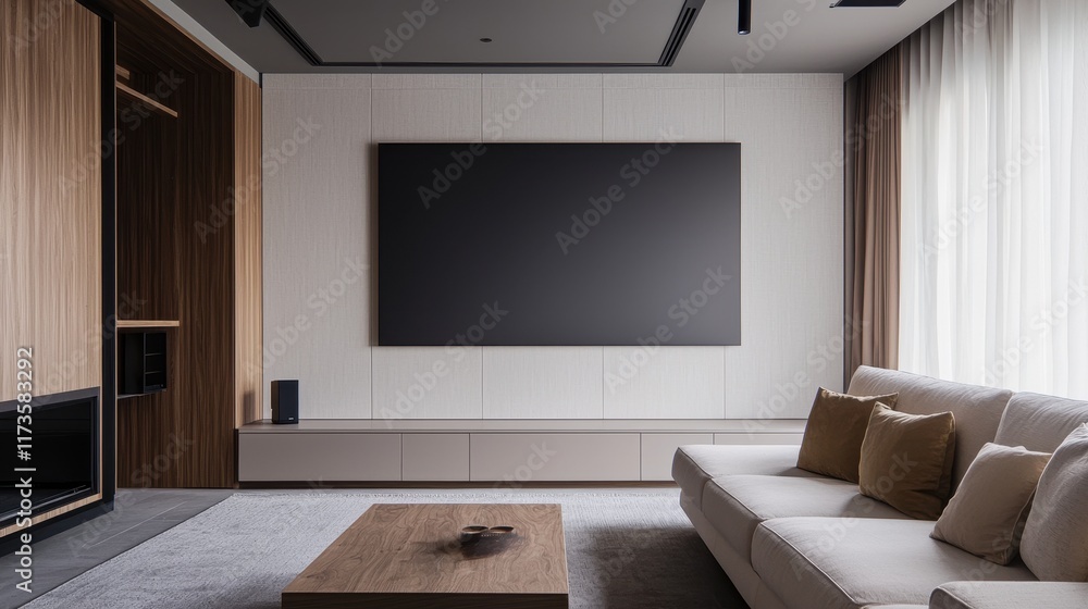 A modern living room featuring a minimalist design, large TV, cozy sofa with cushions, and stylish wooden accents. A modern living room featuring a minimalist design, large TV, cozy sofa with cushions, and stylish wooden accents.