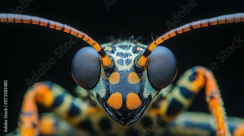 Close-up of rosalia longicorn beetle with distinctive long antennae and vibrant patterns. photo