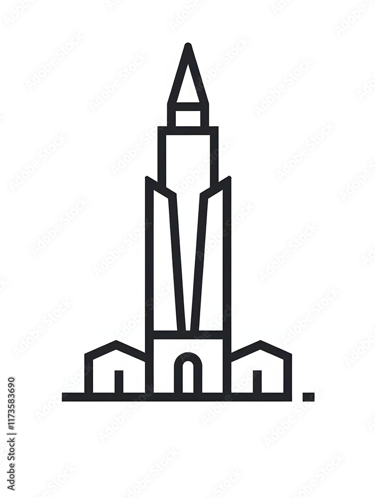 Black Line Art Building Icon In Flat Style. Black Line Art Building Icon In Flat Style.