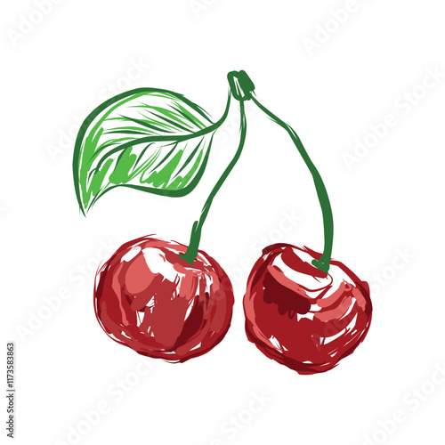 A picturesque drawing of two ripe cherries with a green leaf. Vector illustration