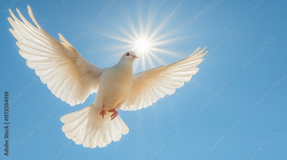 Fototapeta premium Majestic dove with wings outstretched against bright blue sky on a sunny day.