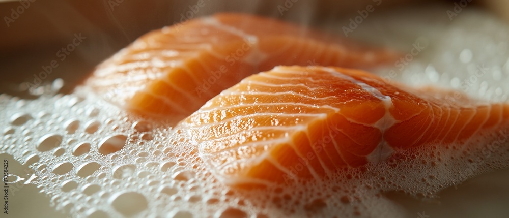 Salmon fillets poached in bubbly water Salmon fillets poached in bubbly water