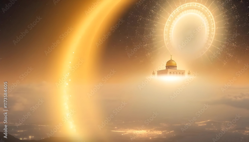 Obraz premium Majestic Mosque Floating in a Golden Sky Above a City