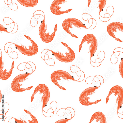 Seamless background with red scenic shrimps. Wrapping paper or textile concept. Vector illustration