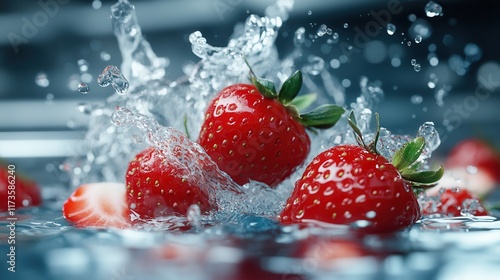 Vibrant and juicy strawberries gracefully frozen in a mid-air splash, highlighting the ultimate freshness and energetic essence against a crystal clear water background. photo