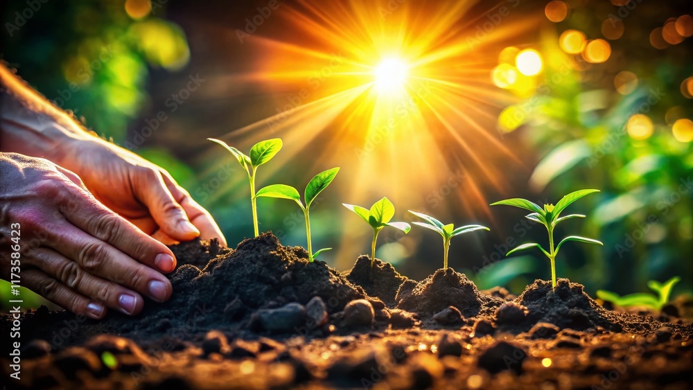Fototapeta premium Surreal Gardener: Hands Planting Seedlings in Ethereal Soil