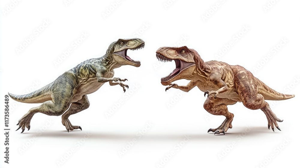 Naklejka premium Two stylized dinosaurs facing each other in a dynamic pose.