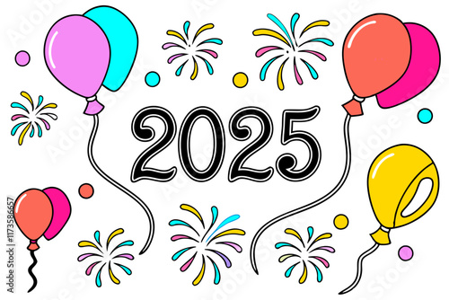 Happy New Year 2025: Colorful Balloons & Fireworks Illustration - Festive Design.