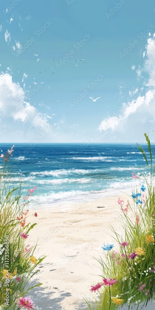 Obraz premium Tranquil beach with vibrant wildflowers, gentle waves, and a bright blue sky, perfect for a peaceful summer escape.