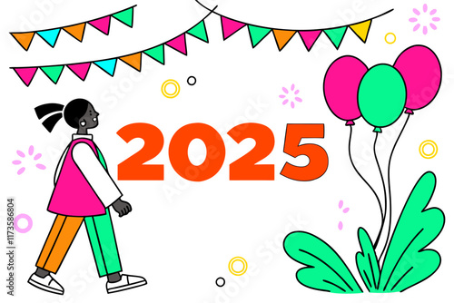 Happy New Year 2025! Colorful Celebration Illustration - Girl, Balloons.