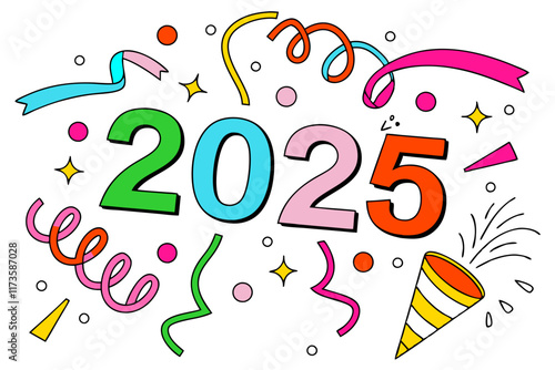 Happy New Year 2025! Colorful Festive Design - Confetti, Ribbons.