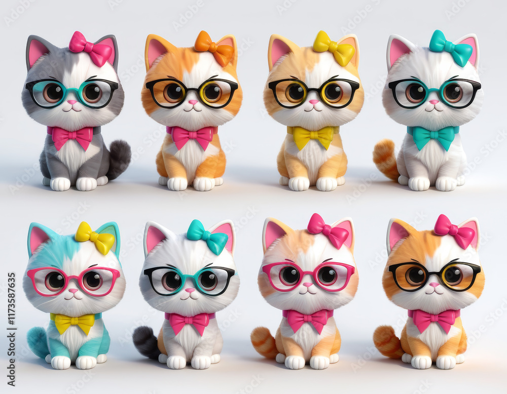 Fototapeta premium Adorable casual kittens with glasses and bows in cute outfits