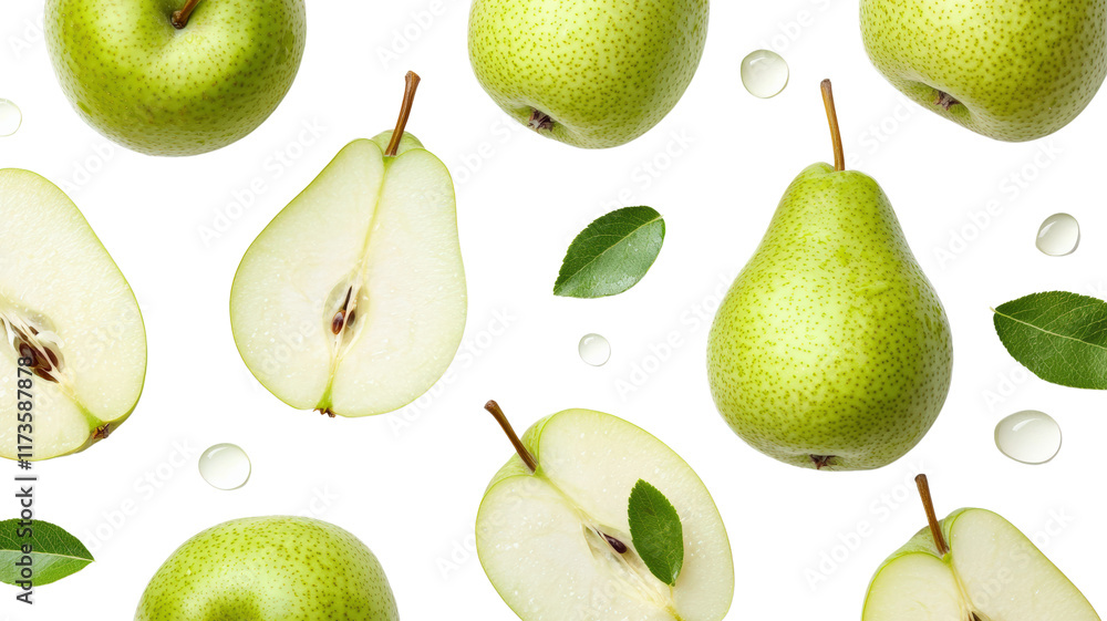 Various green pears displayed from different angles, including whole fruits and halved pieces with leaves.