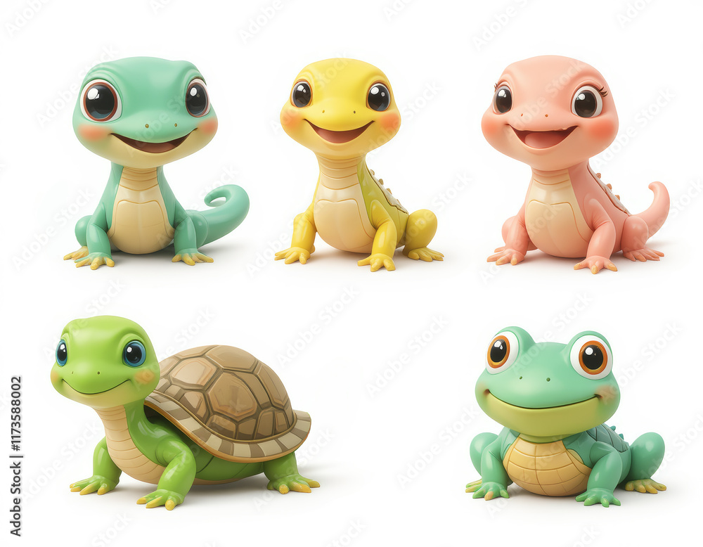 Obraz premium Cute 3 d reptiles and amphibians: frogs, turtles, and lizards in pastel colors
