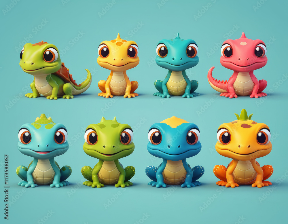 Obraz premium Colorful 3 d reptiles: cute lizard characters with big eyes set against a blue background