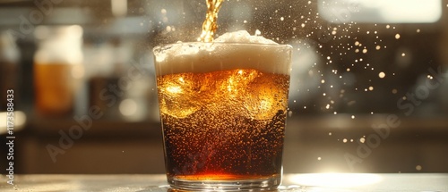 Soda pouring, ice, bubbles, bar background, refreshment photo