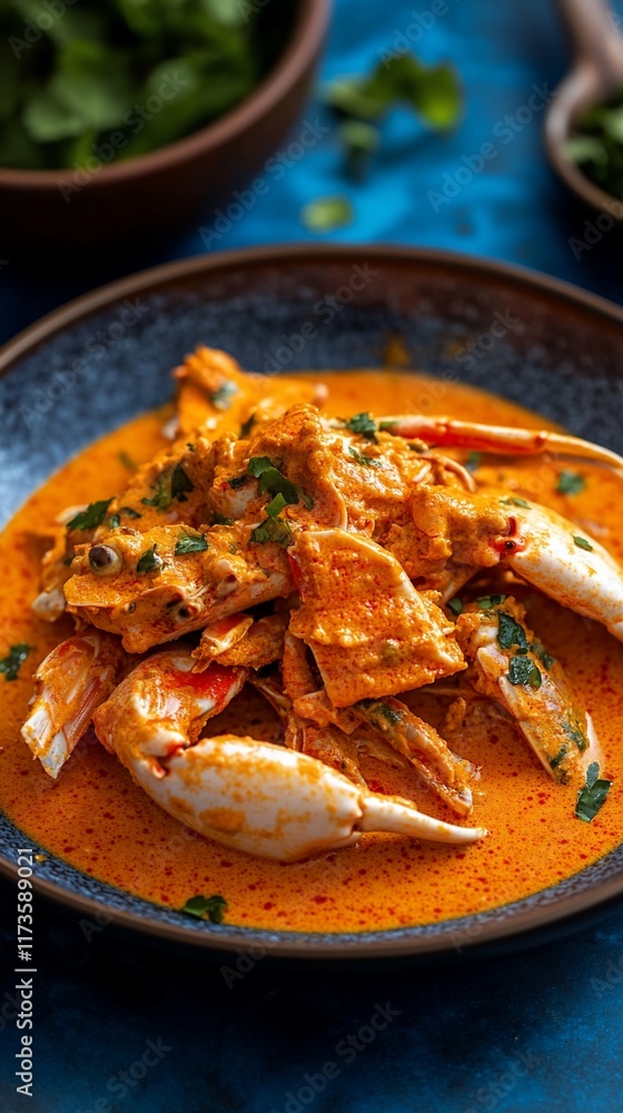 Spicy crab curry dish, close-up, blue background. Food photography for recipe blogs Spicy crab curry dish, close-up, blue background. Food photography for recipe blogs