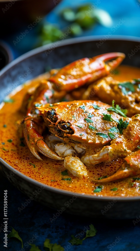 Spicy crab curry, close-up, food photography, blue background, recipe Spicy crab curry, close-up, food photography, blue background, recipe