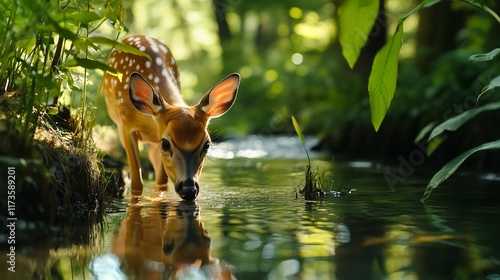 A low-angle shot of a deer drinking from a clear stream, framed by overhanging greenery and a reflection in the water. photo