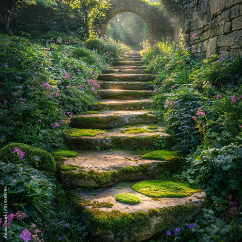 Stone steps ascend through a sunlit, arched garden gate in overgrown ruins