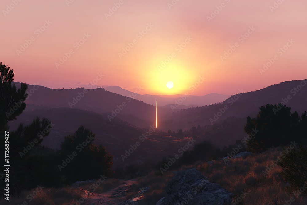 A serene sunset over a valley, with soft lighting and distant mountains creating a tranquil scene. A serene sunset over a valley, with soft lighting and distant mountains creating a tranquil scene.