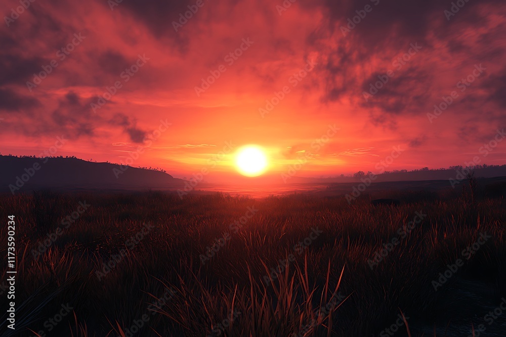 Fototapeta premium A vibrant sunset over a grassy landscape, casting warm hues across the sky.