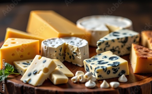 A selection of artisanal cheeses, including a creamy Camembert, a sharp cheddar, and a pungent blue cheese, displayed on a rustic wooden board. photo