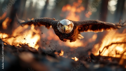 A powerful eagle flies through a forest engulfed in flames, showcasing strength and resilience amidst the intense backdrop of a destructive wildfire. photo