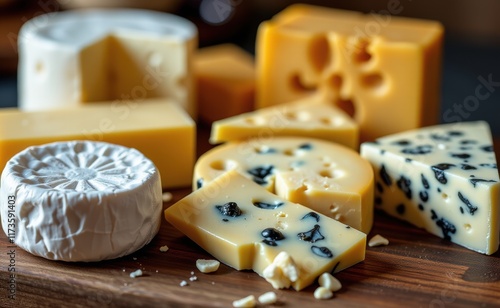 A selection of artisanal cheeses, including a creamy Camembert, a sharp cheddar, and a pungent blue cheese, displayed on a rustic wooden board. photo