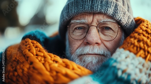 The image captures an elderly man wearing a knitted gray hat and orange scarf, gazing sternly at the camera amidst a cold, wintry setting symbolizing warmth and resilience. photo