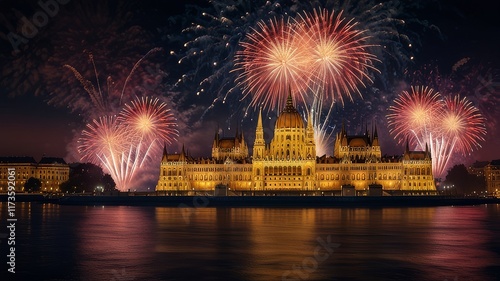 fireworks over Budapest Parliament New Year in the city Hungary photo