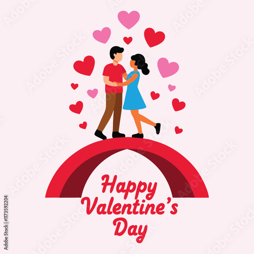 Romantic illustration of a couple standing on a bridge surrounded by hearts, expressing love.